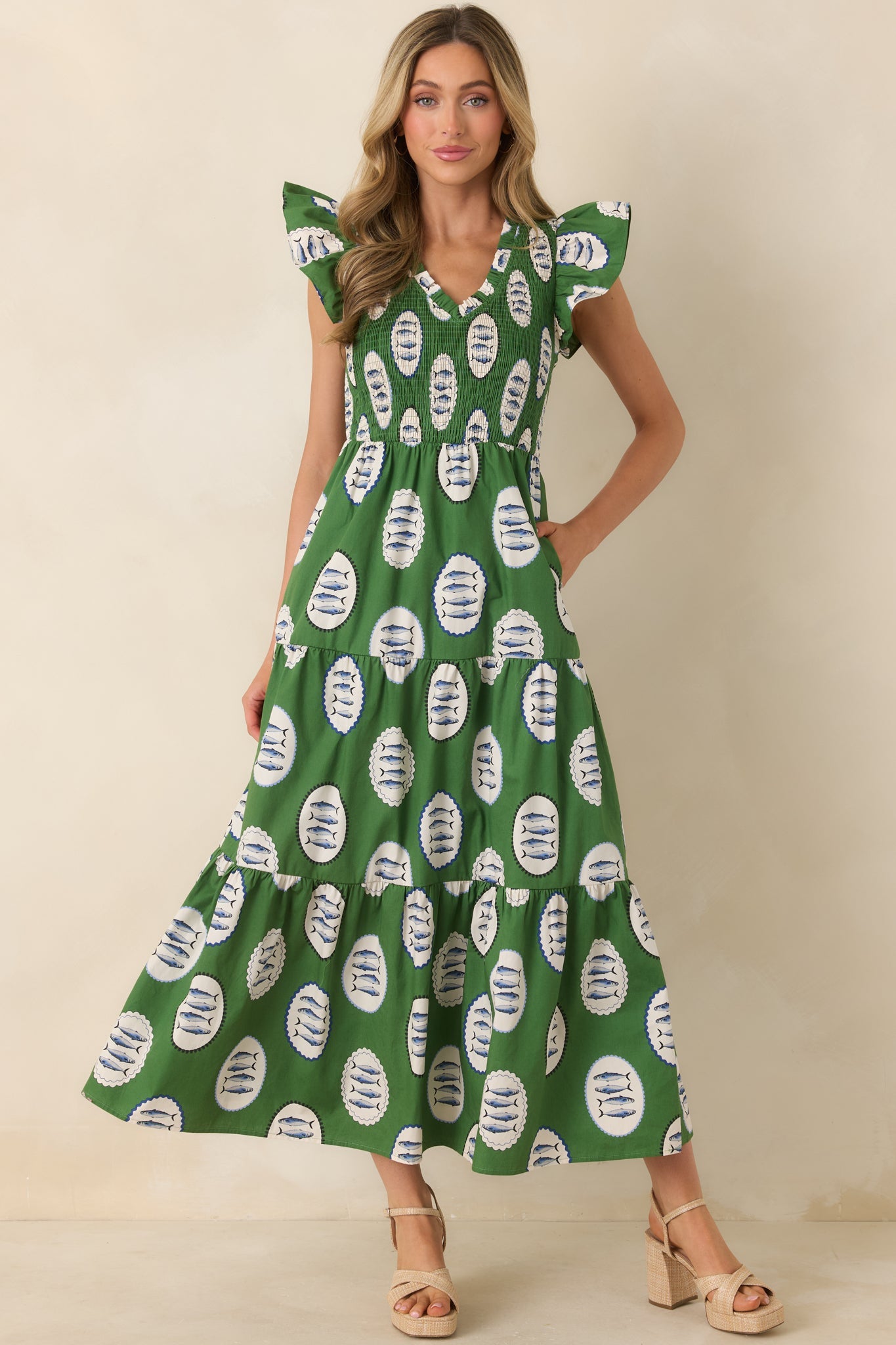Where the Sun Goes Green Multi Cotton Fish Pattern Maxi Dress