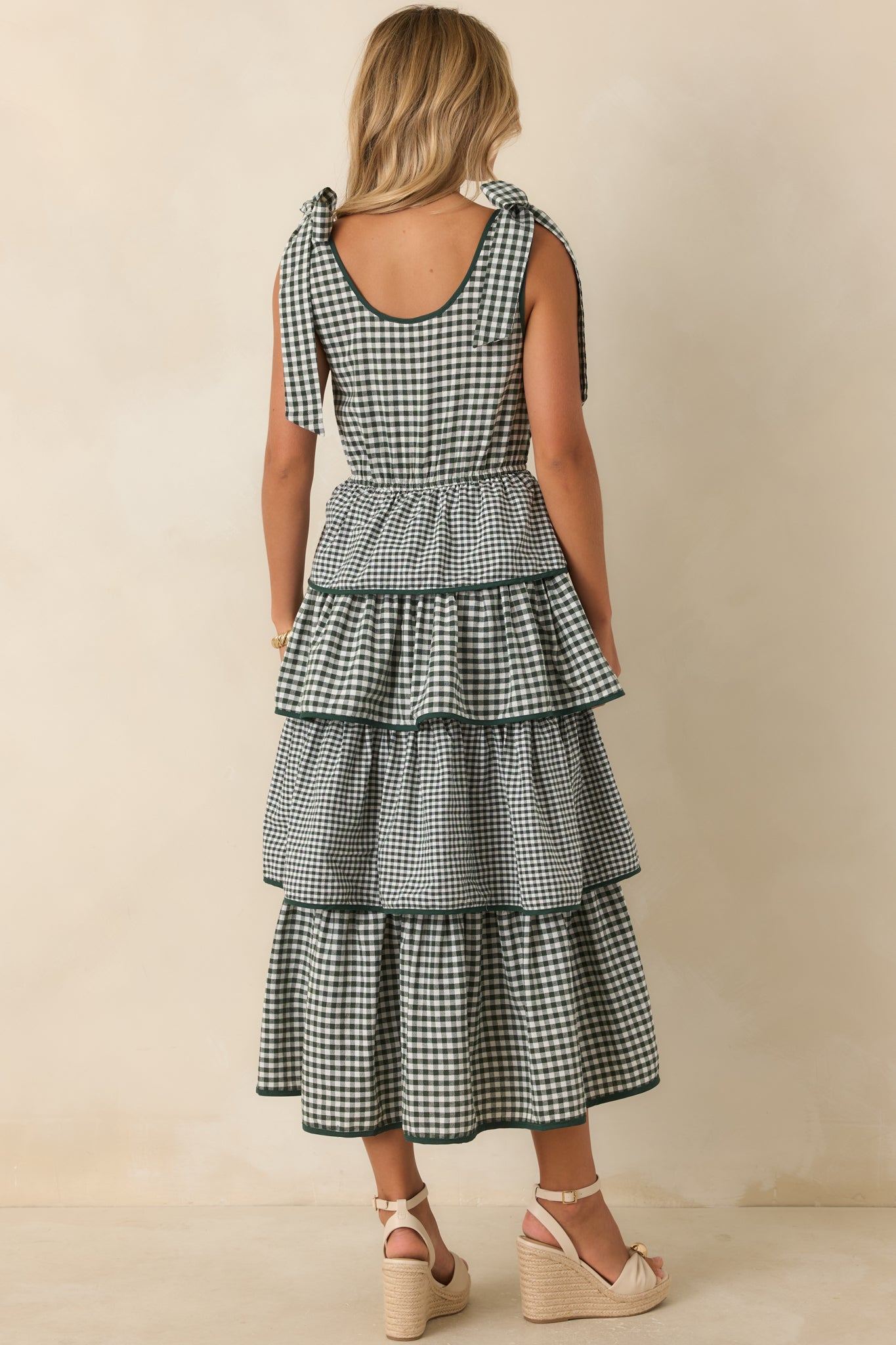 Garden Party Plans Hunter Green Gingham Tiered Midi Dress