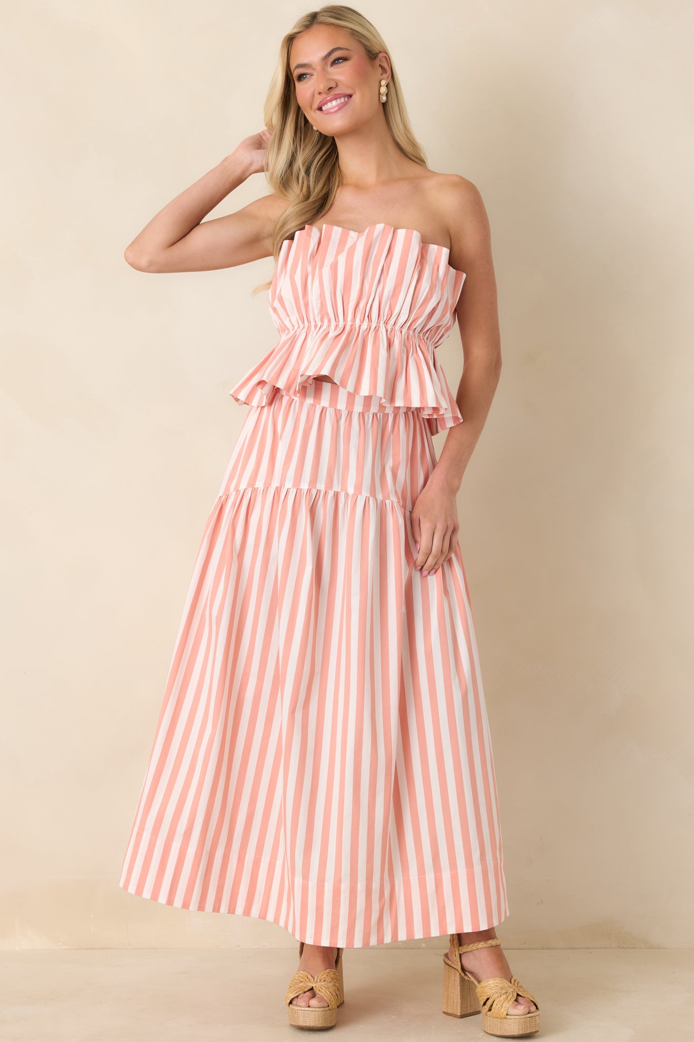 Tide & True Coral Orange Stripe Tiered Maxi Skirt