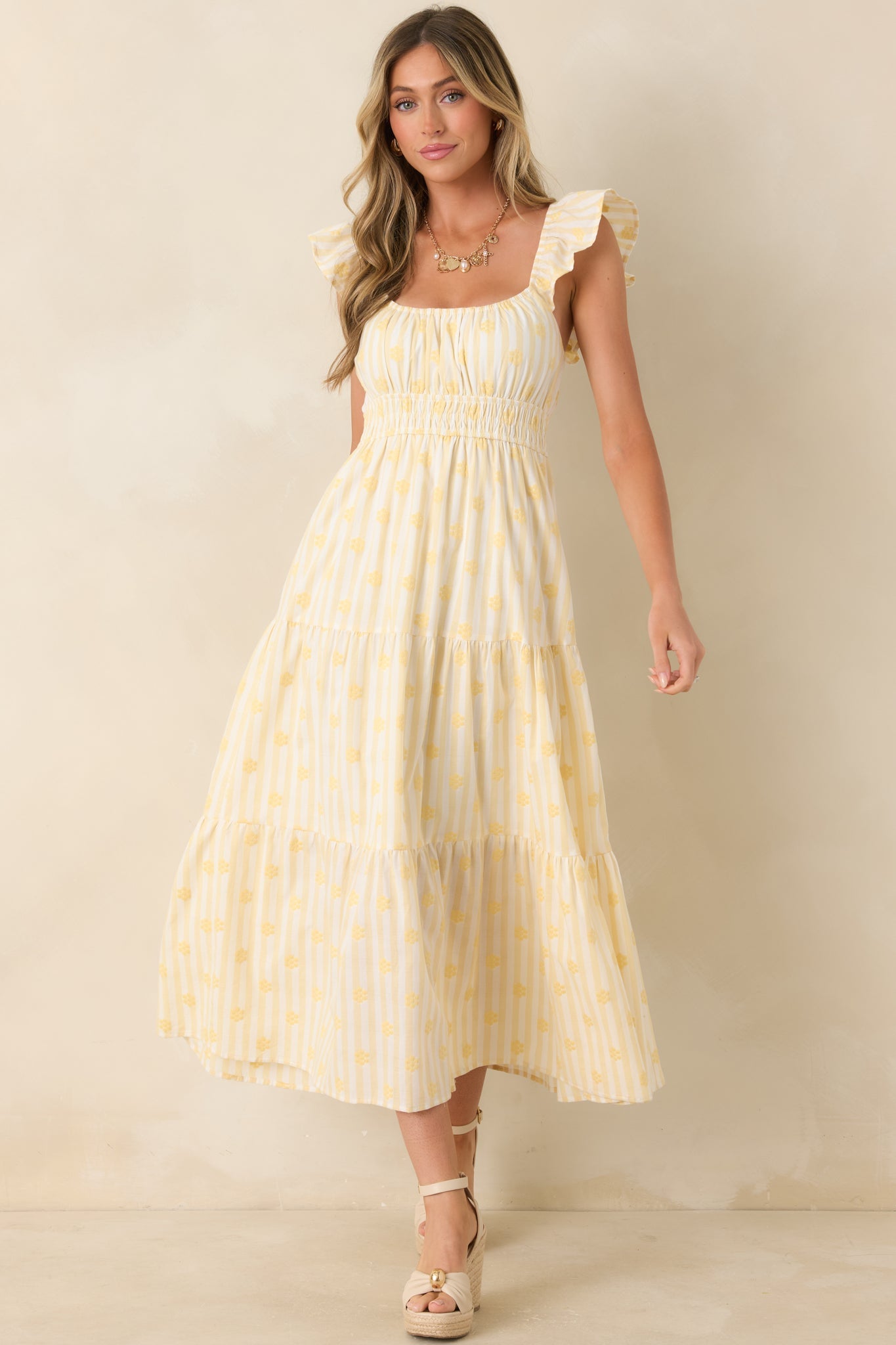 Meadow Mornings Yellow Stripe Floral Embroidered Cotton Maxi Dress
