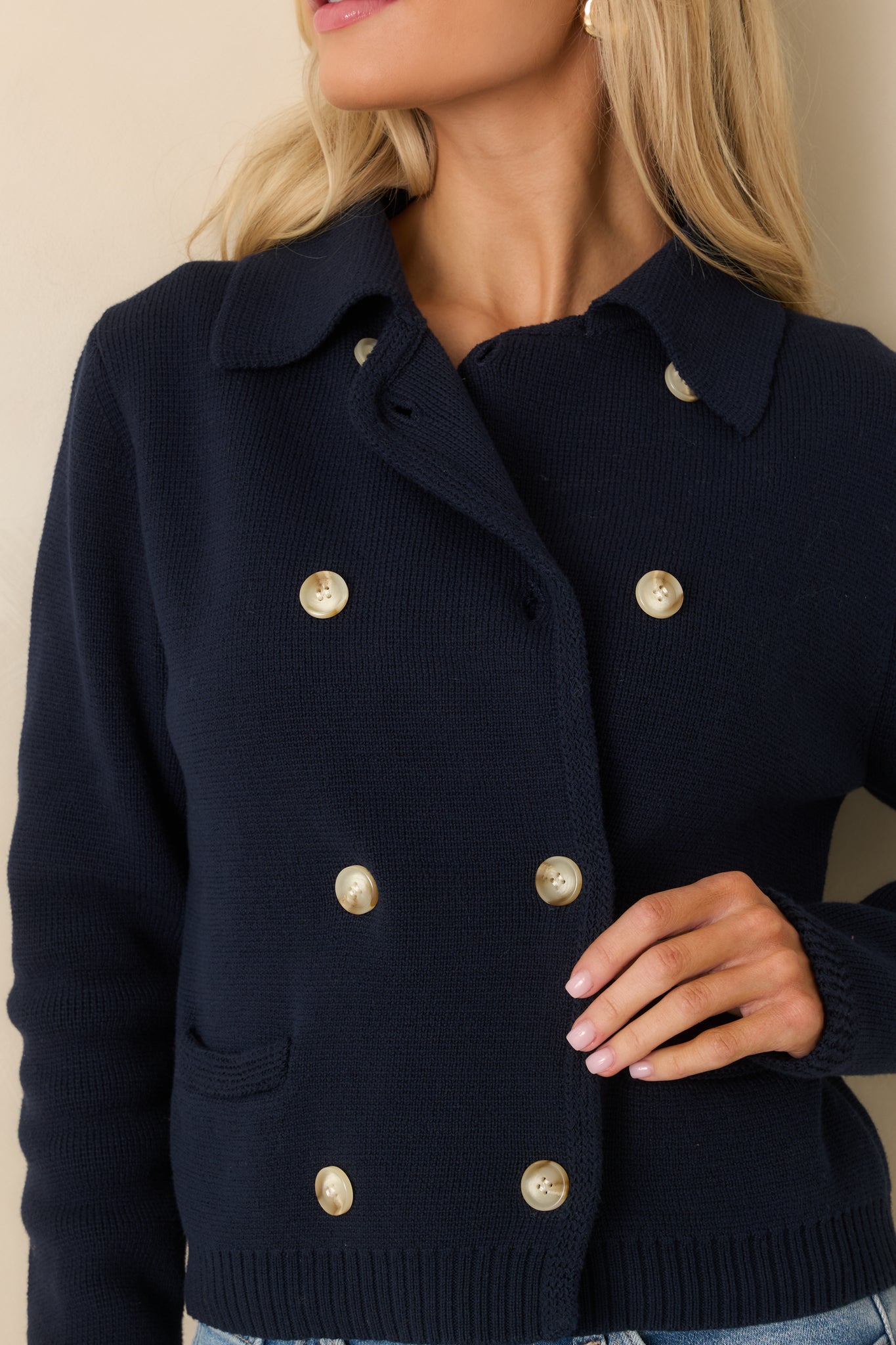Well Kept Secrets Navy Knit Cotton Double Breasted Cardigan