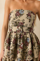 Graceful Charm Beige Multi Floral Tapestry Strapless Midi Dress