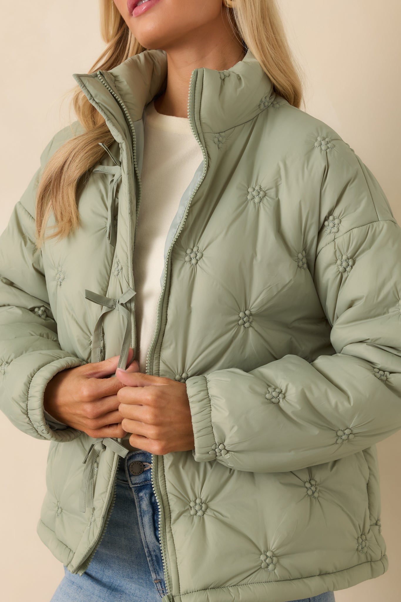 Wrapped Up In You Sage Green Quilted Puffer Jacket