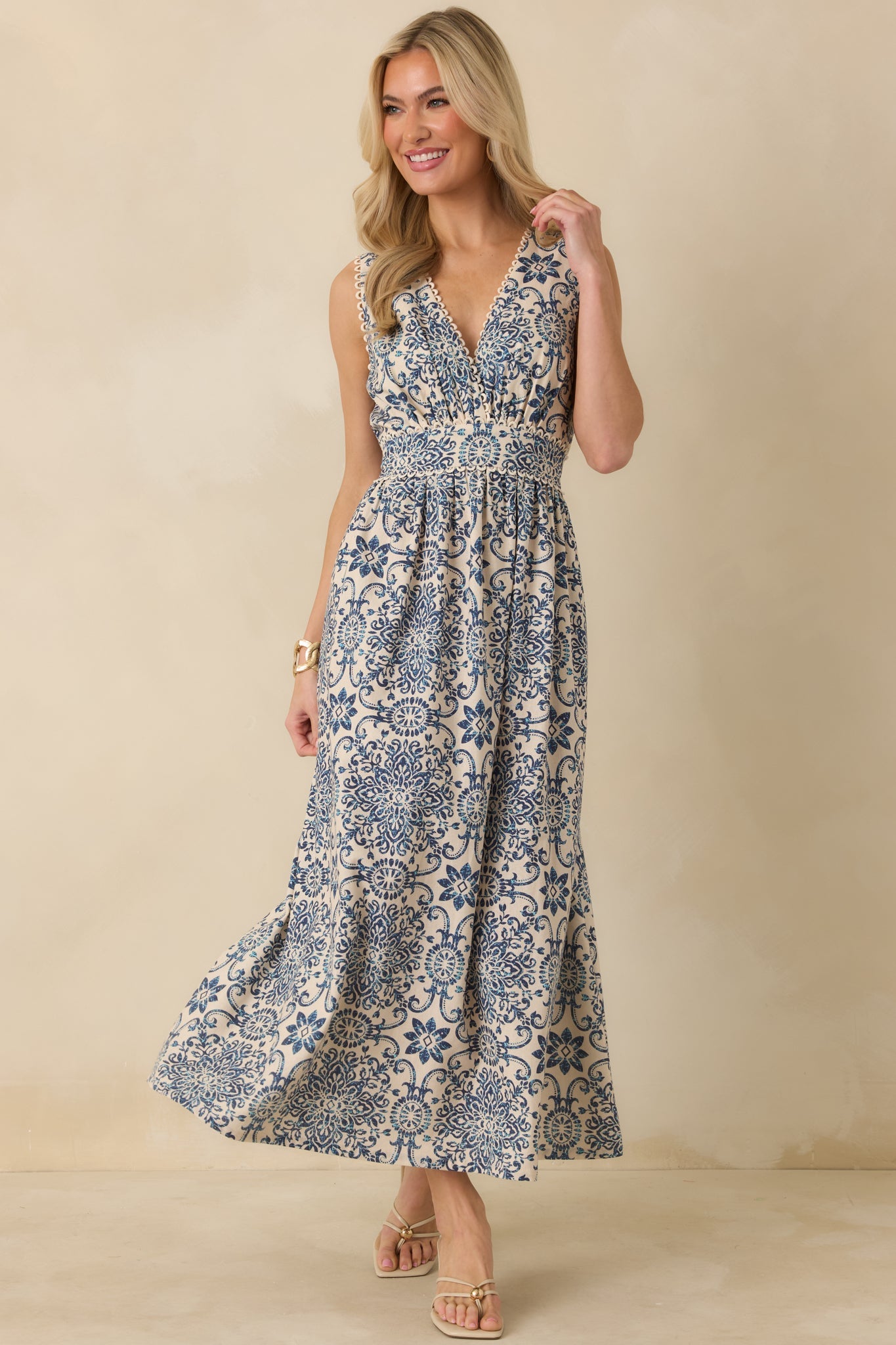 A Lovely Escape Blue Tile Print Linen Blend Sleeveless Maxi Dress