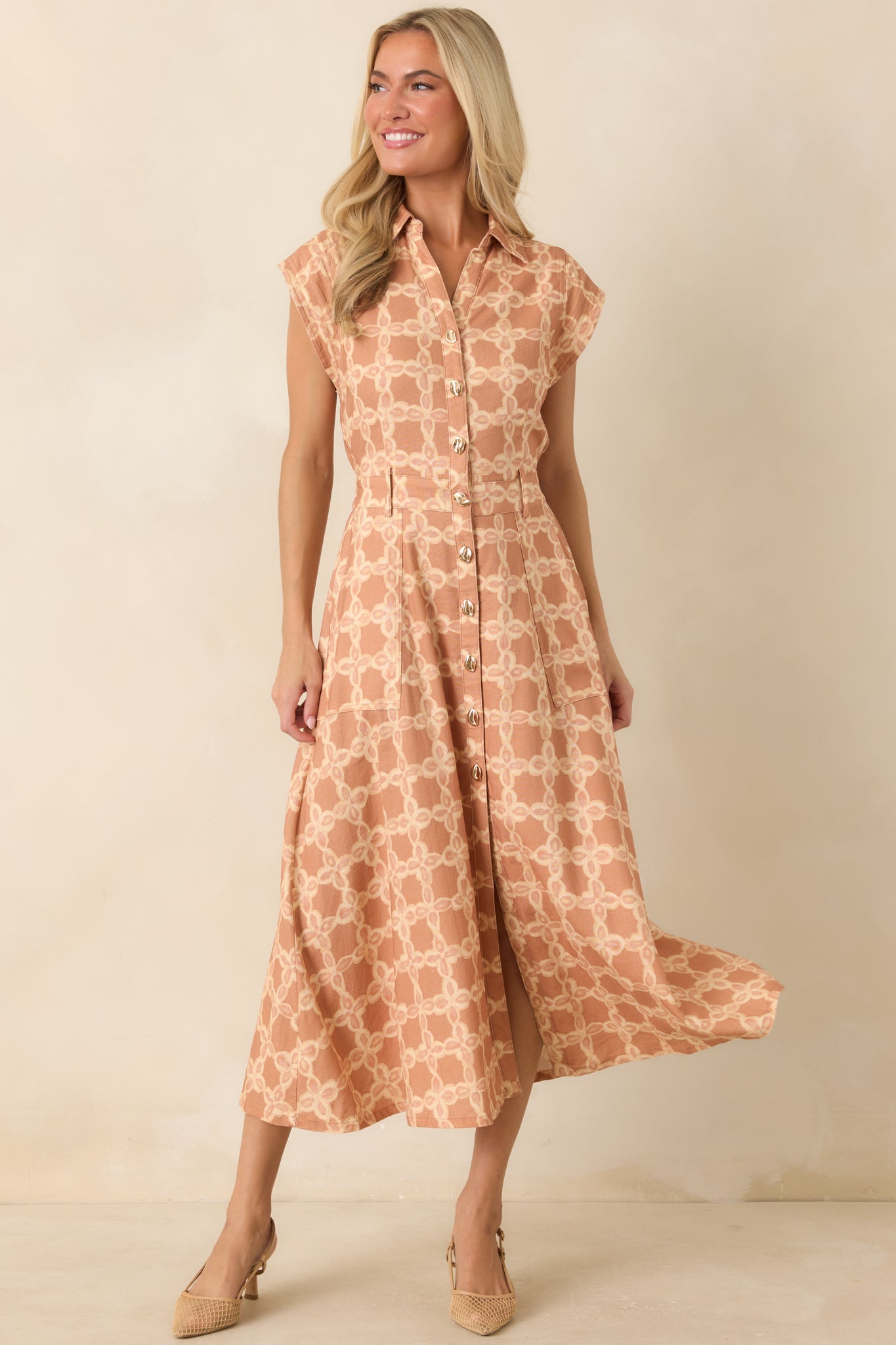 The Next Chapter Tan & Ivory Printed Midi Dress