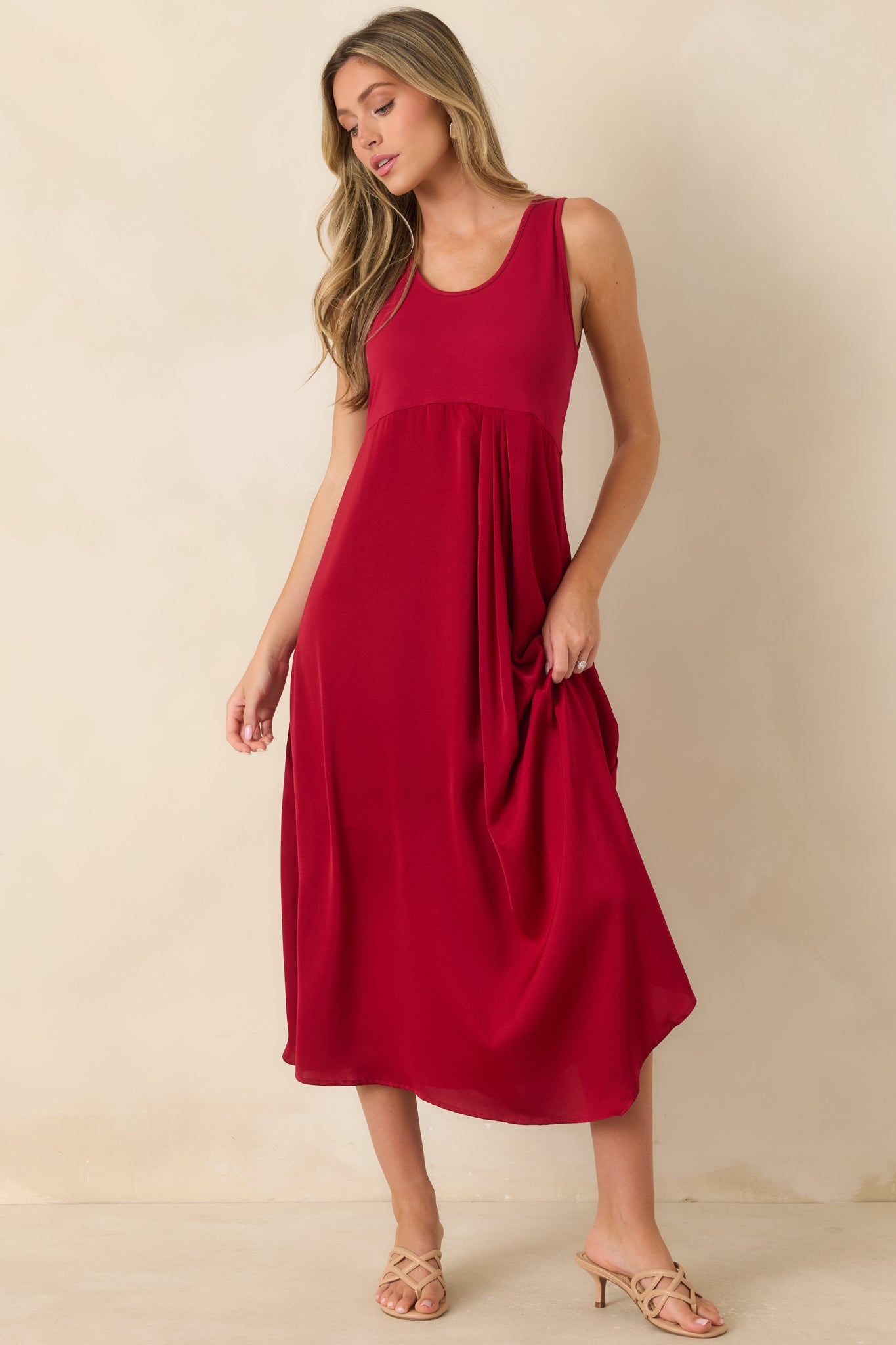 Easy Confidence Red Knit & Satin Sleeveless Midi Dress
