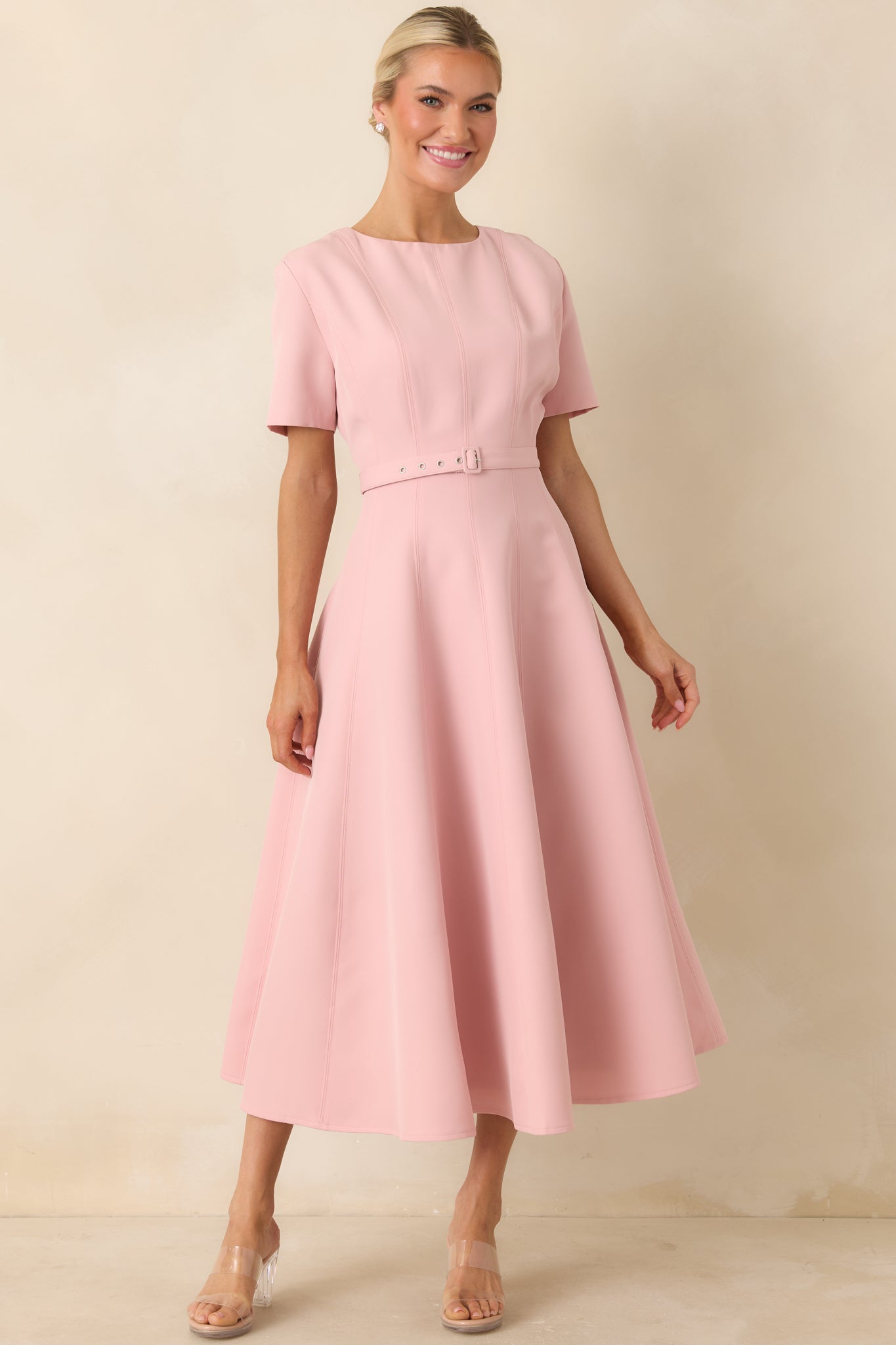 Put Together Perfectly Blush Pink Belted Midi Dress