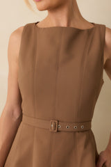 Timely Matter Toffee Brown Belted Sleeveless Midi Dress