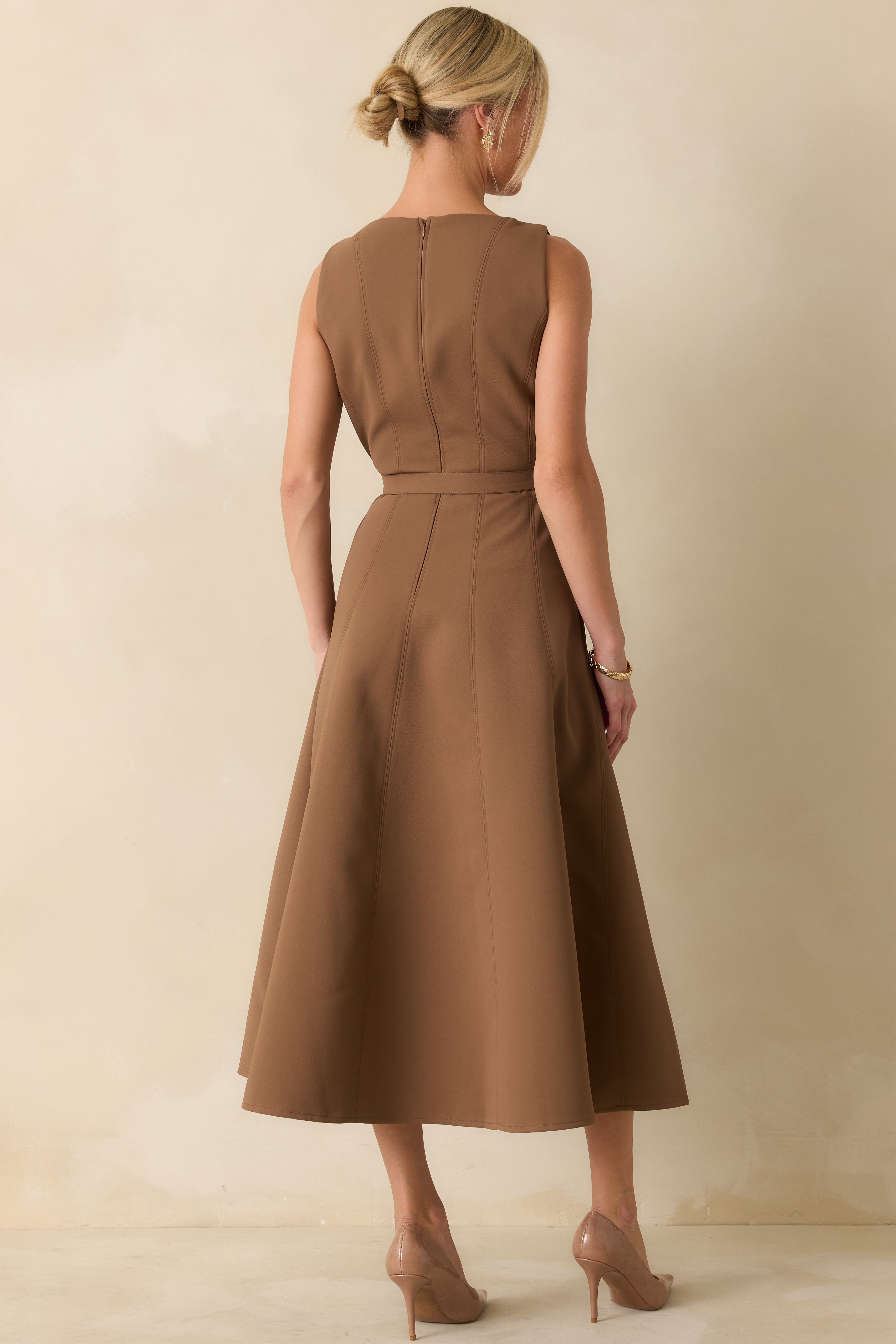 Timely Matter Toffee Brown Belted Sleeveless Midi Dress