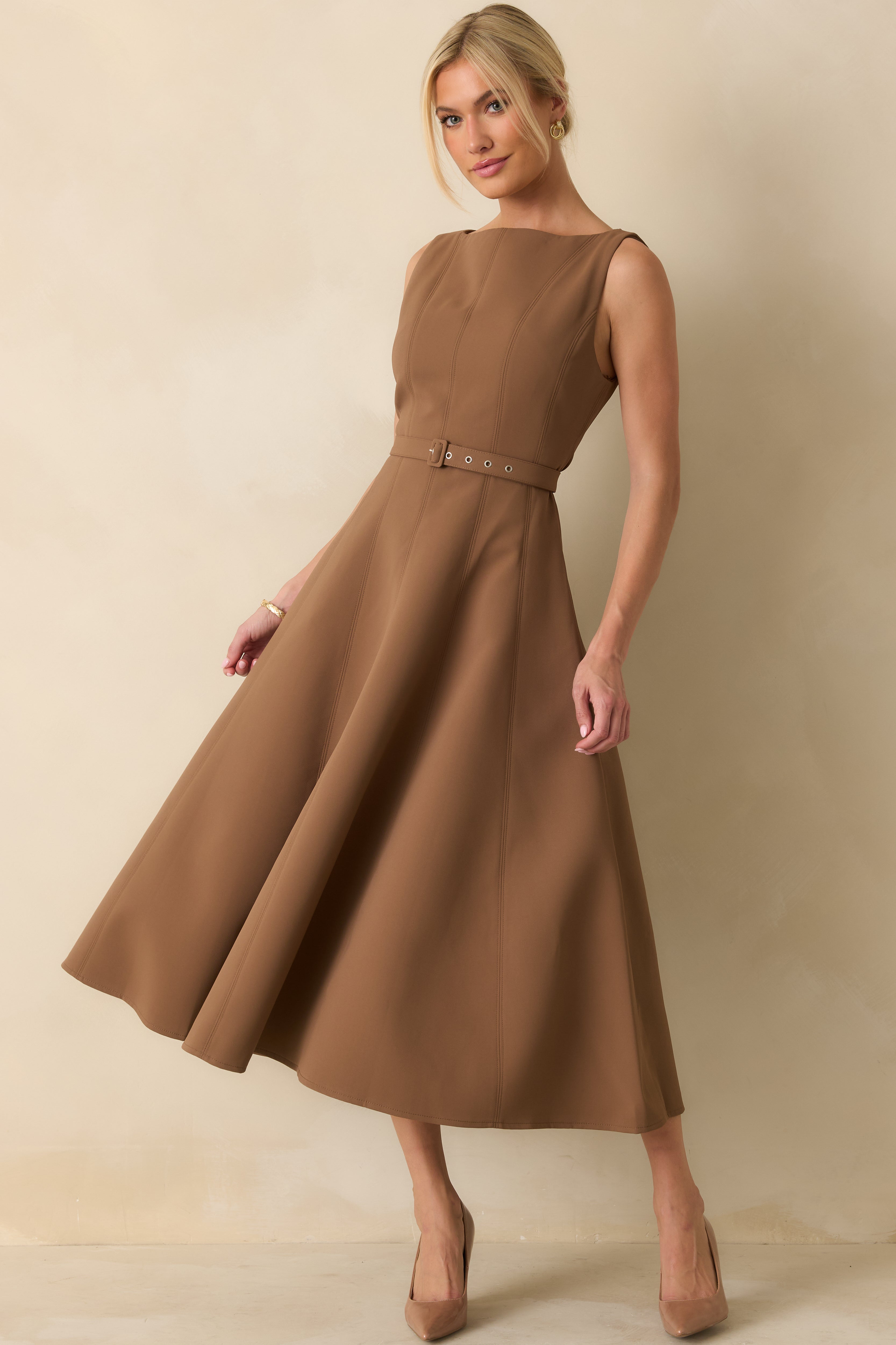 Timely Matter Toffee Brown Belted Sleeveless Midi Dress