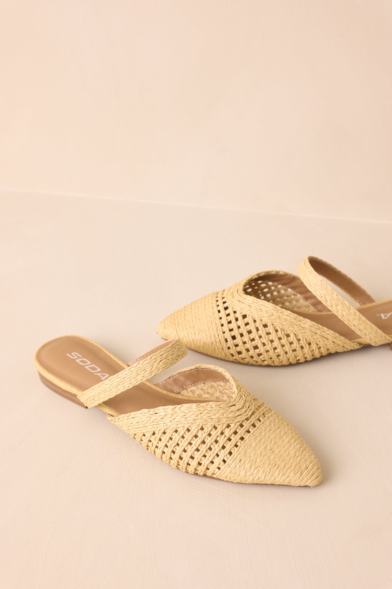 There She Goes Natural Pointed-Toe Woven Raffia Mules