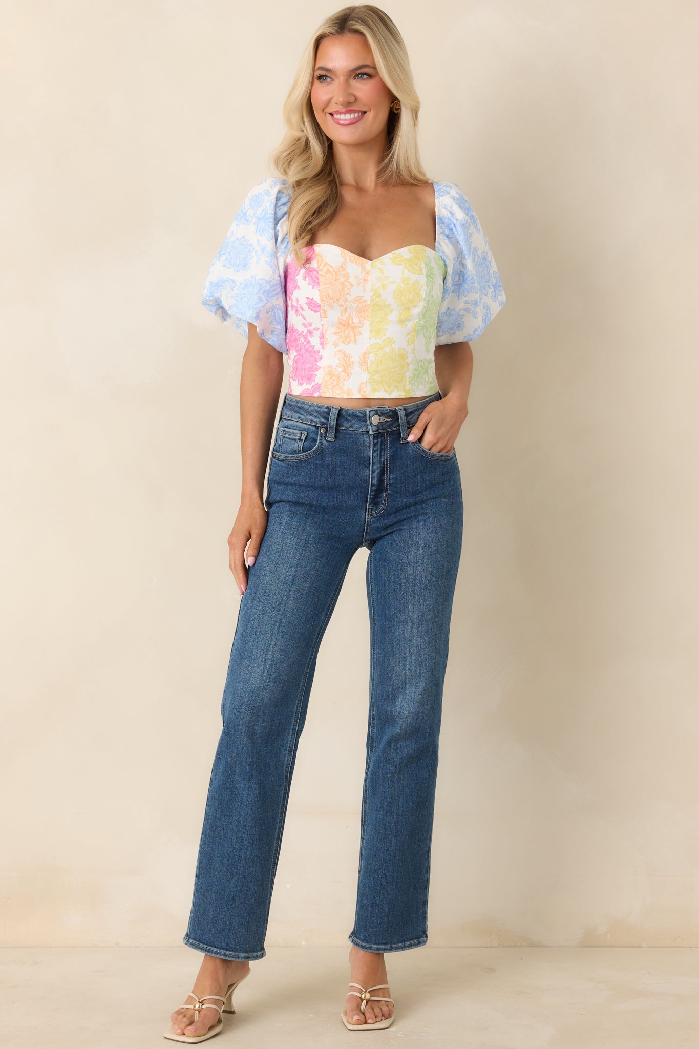 She's a Rainbow Multi Floral Cotton Linen Cropped Top