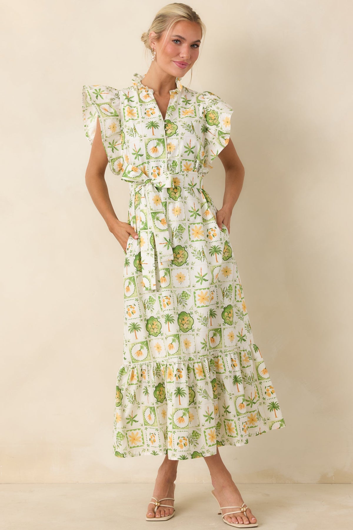 Somewhere Sunny Green Multi Cotton Ruffle Maxi Dress