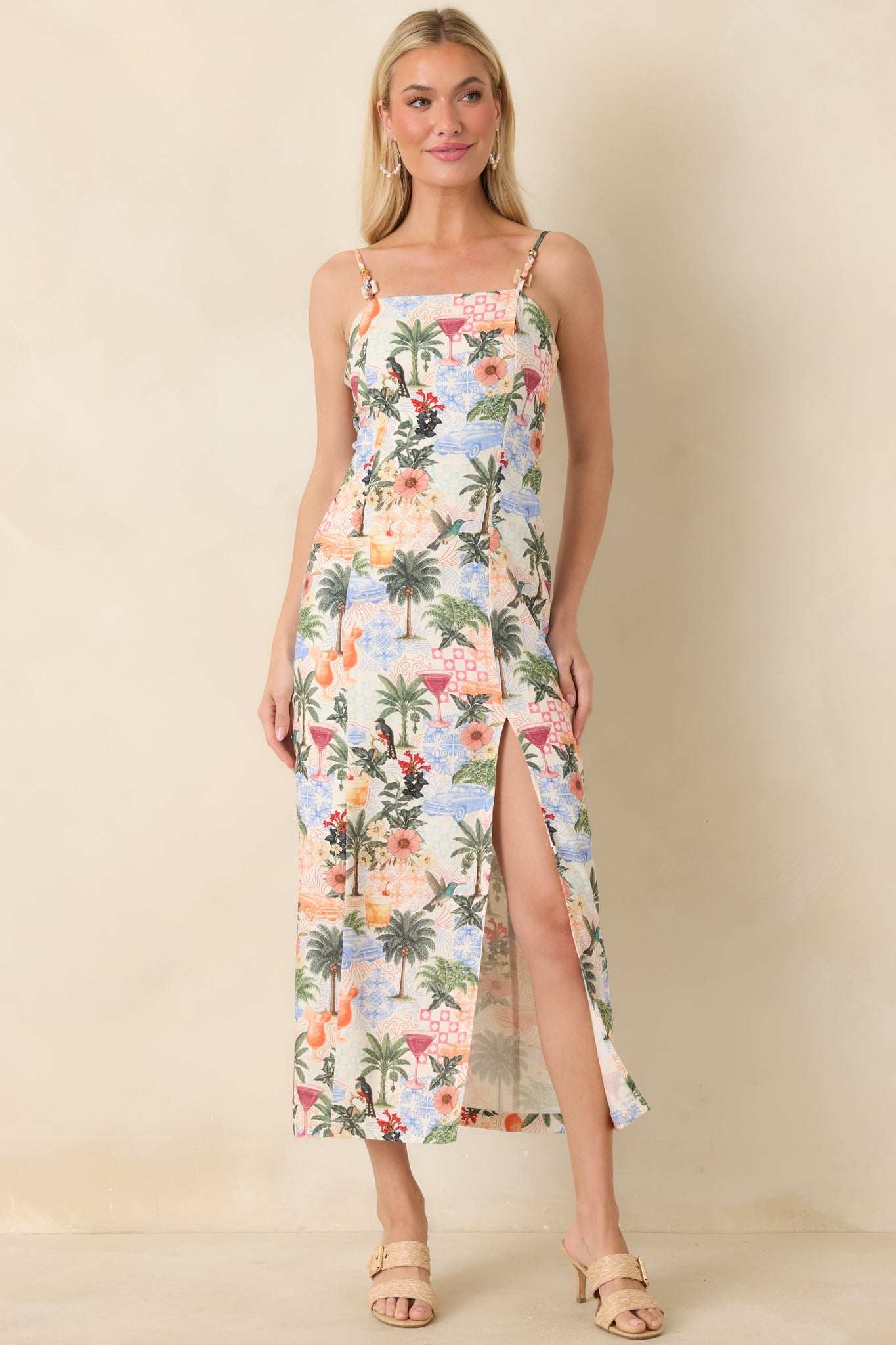 Sipping Under the Palms Multi Tropical Print Bead Detail Midi Dress