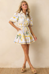 Paradisa Viscaya White Multi Linen Blend Tropical Print Belted Mini Dress