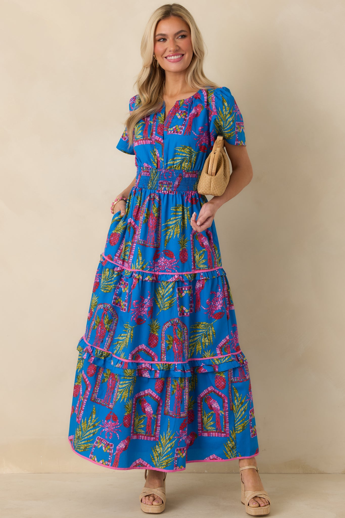 Postcards From Paradise Blue Multi Cotton Tropical Mosaic Print Tiered Maxi Dress
