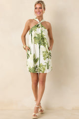 Catching Waves Ivory & Green Tropical Print Tie-Back Halter Mini Dress