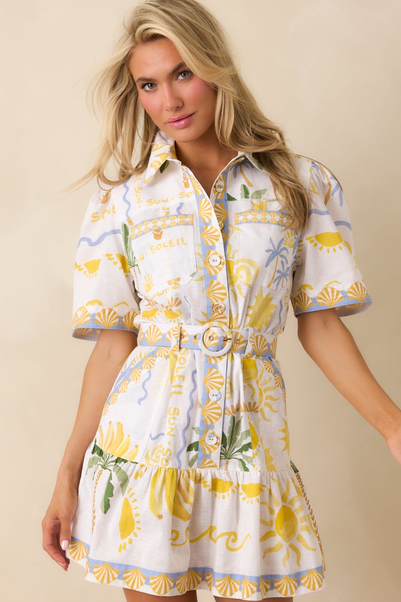 Paradisa Viscaya White Multi Linen Blend Tropical Print Belted Mini Dress