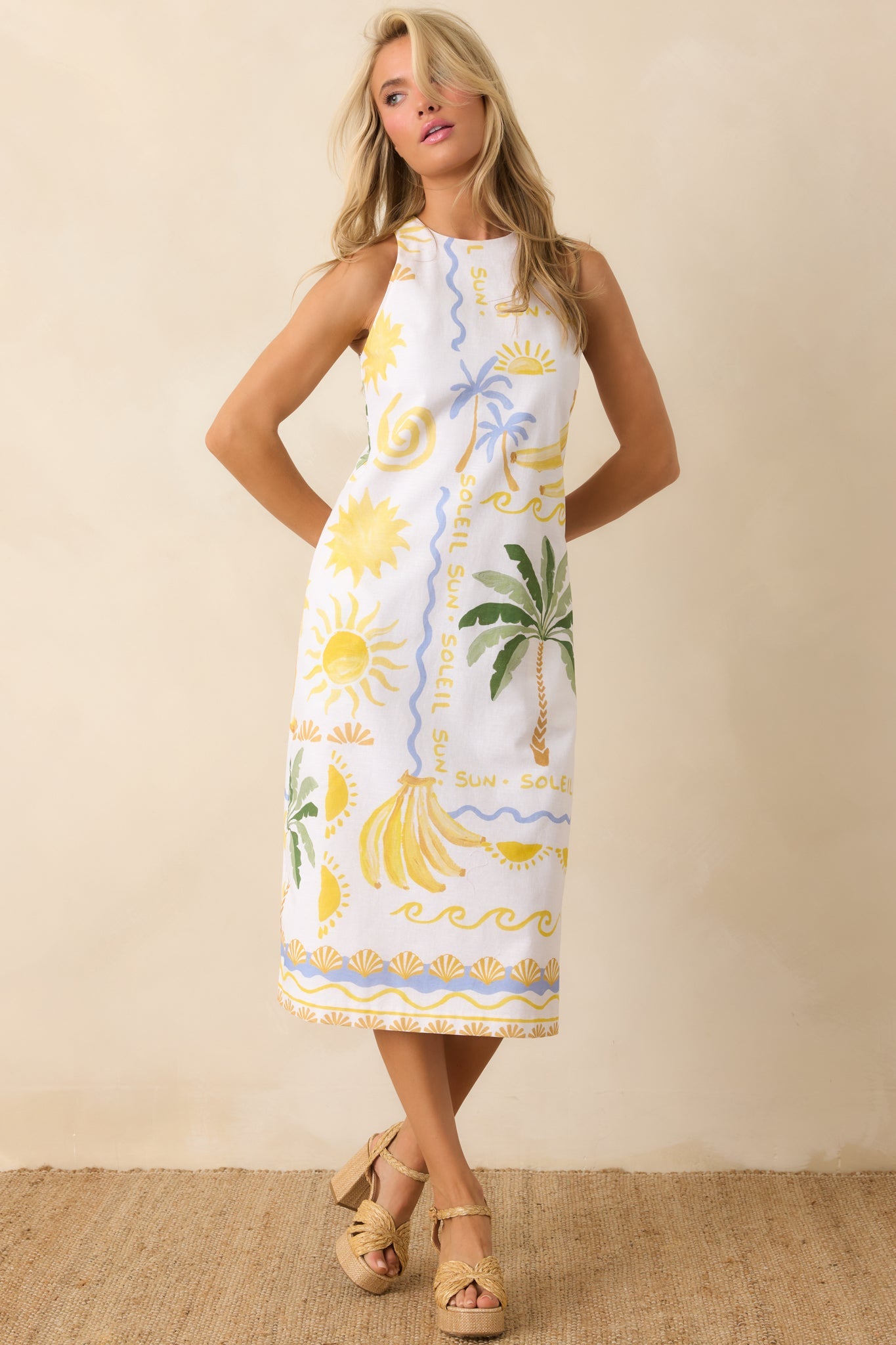 Paradisa Breakers White Multi Linen Blend Tropical Print Midi Dress