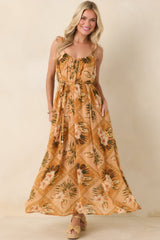 Paradise Calling Peach Multi Tropical Print Beaded Strap Maxi Dress