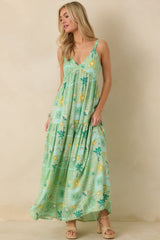 Sunlit Getaway Green Multi Tropical Sleeveless Maxi Dress