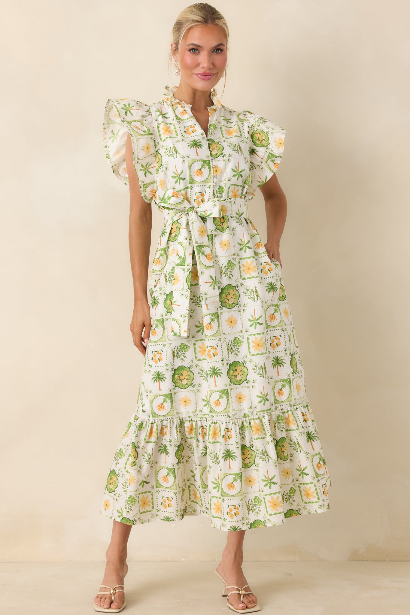 Somewhere Sunny Green Multi Cotton Ruffle Maxi Dress