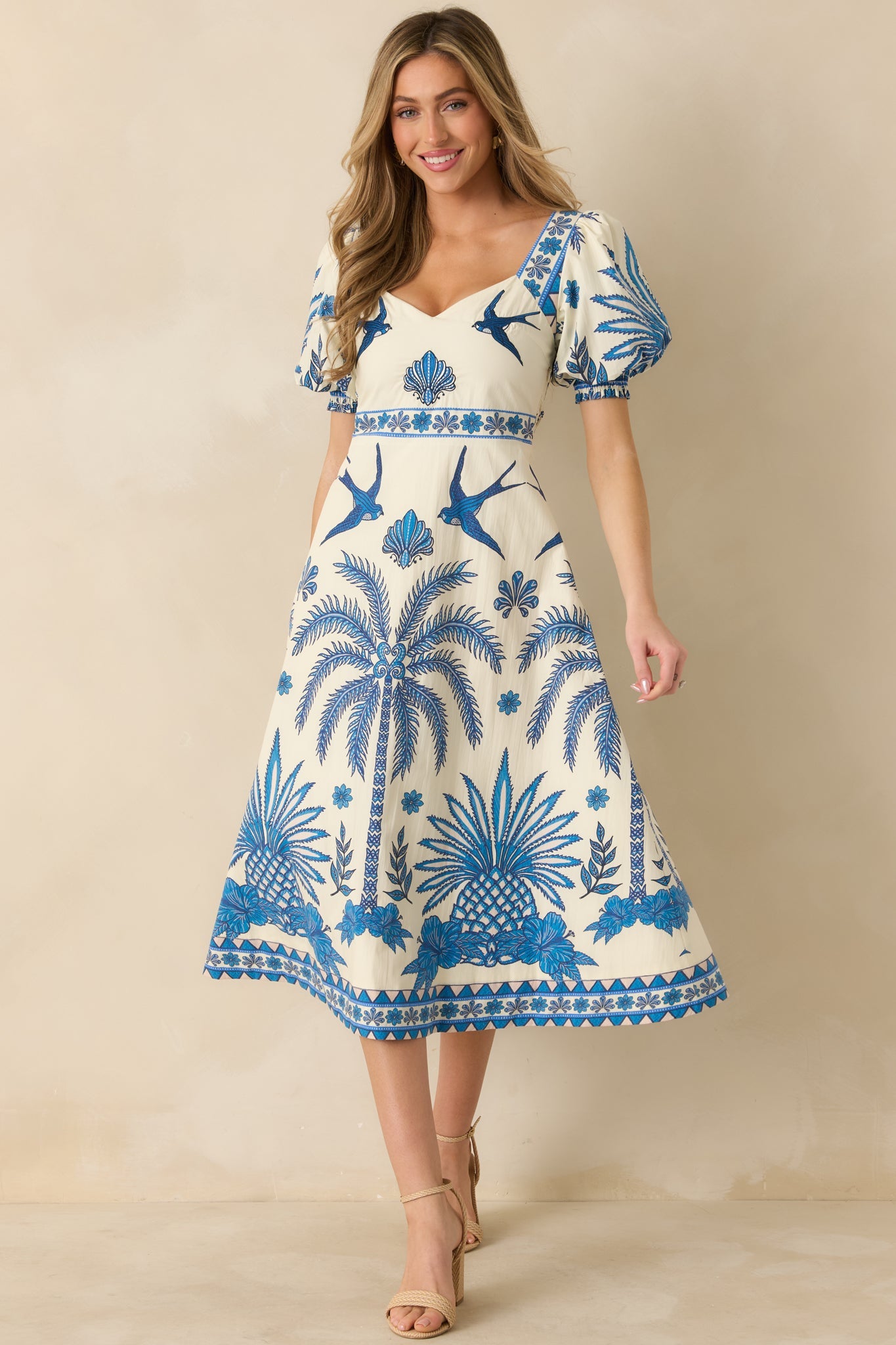 Aylaya Godthab Vibrant Blue & Ivory Cotton Tropical Print Midi Dress