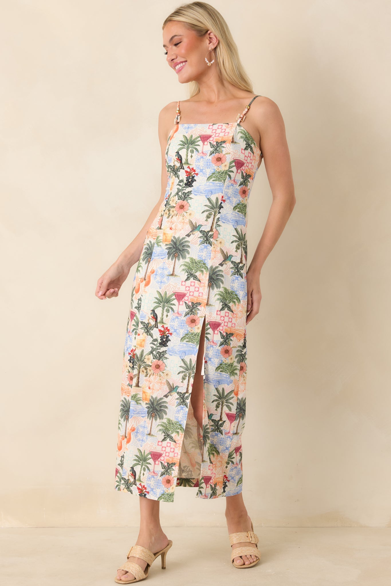 Sipping Under the Palms Multi Tropical Print Bead Detail Midi Dress