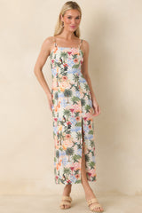 Sipping Under the Palms Multi Tropical Print Bead Detail Midi Dress