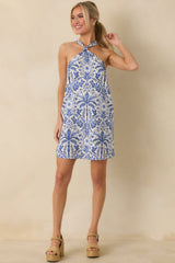 Catching Waves Blue Toile Tie-Back Halter Mini Dress