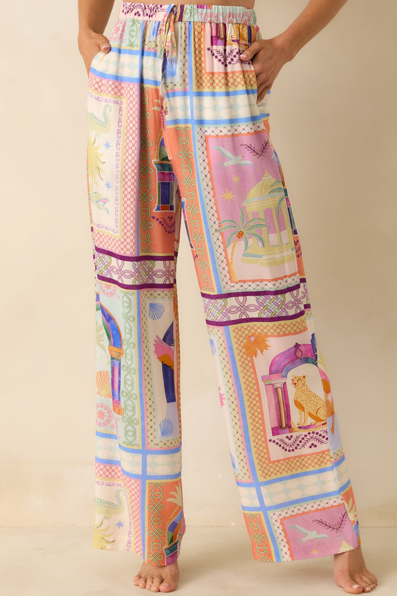 MINKPINK Elysia White Multi Tropical Tile Print Drawstring Pants