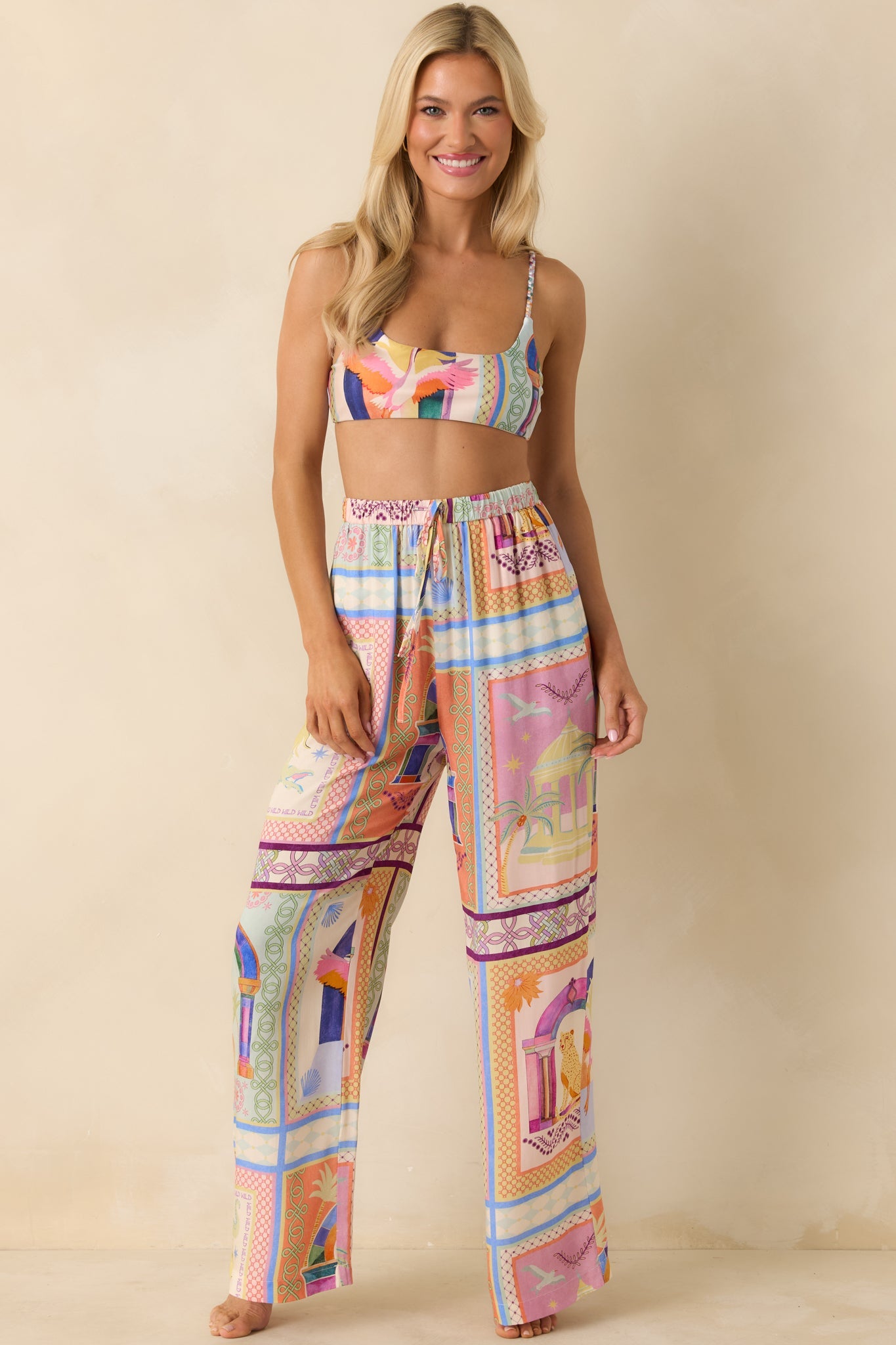 MINKPINK Elysia White Multi Tropical Tile Print Drawstring Pants