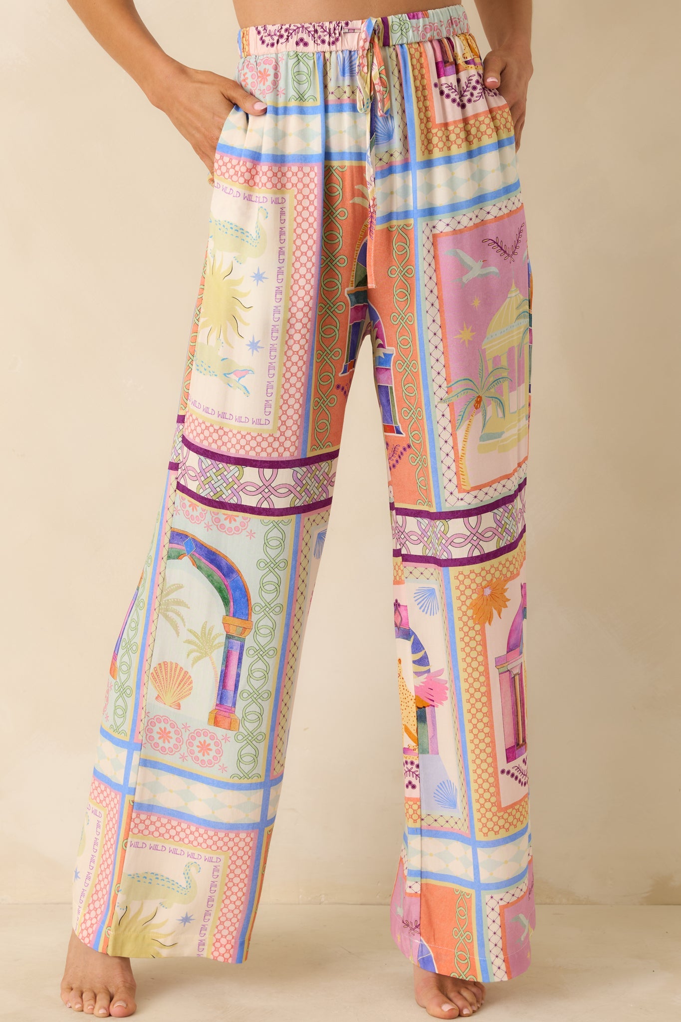 MINKPINK Elysia White Multi Tropical Tile Print Drawstring Pants