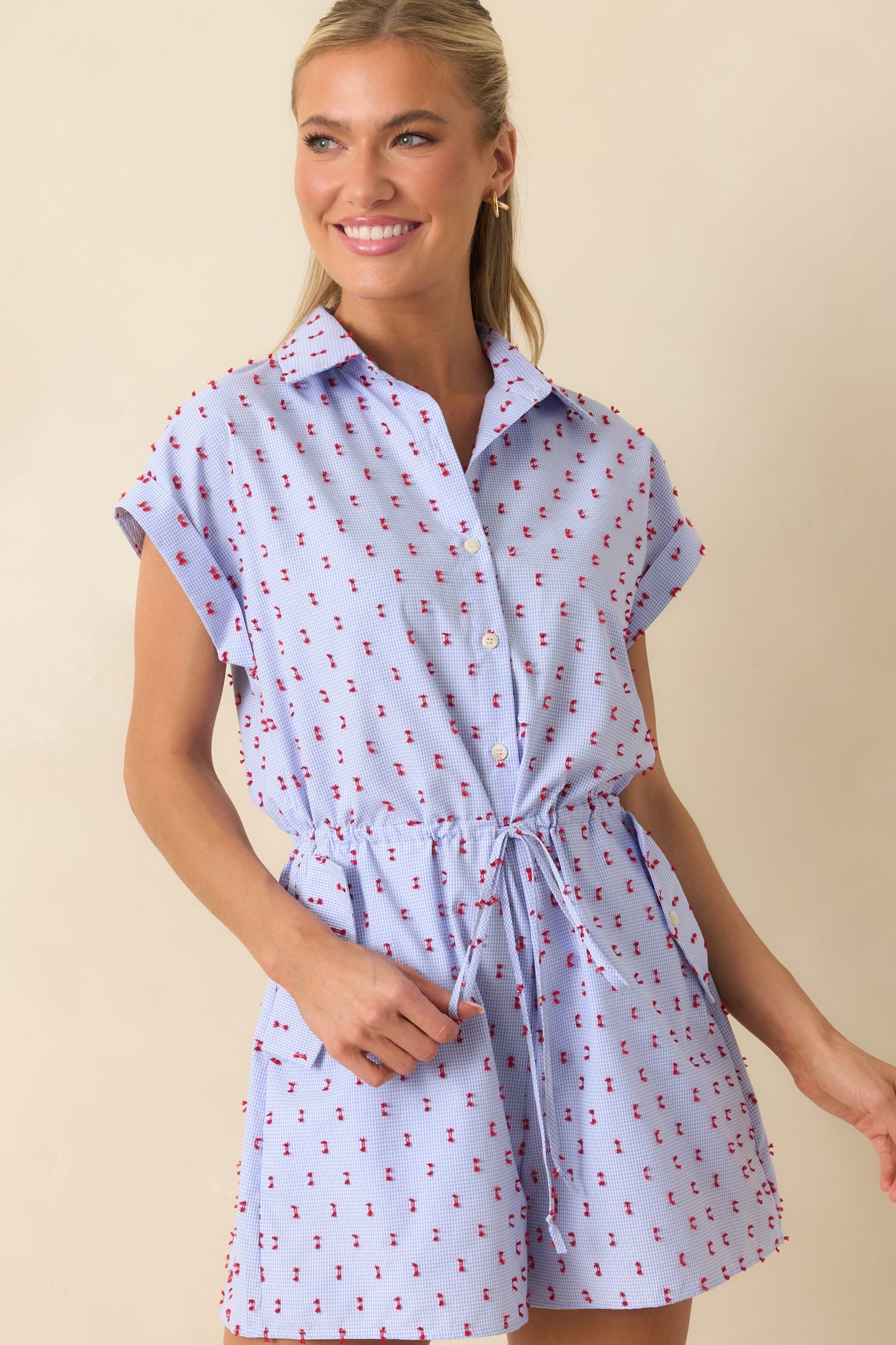 Prosperina Aubrey Blue Gingham Embroidered Romper