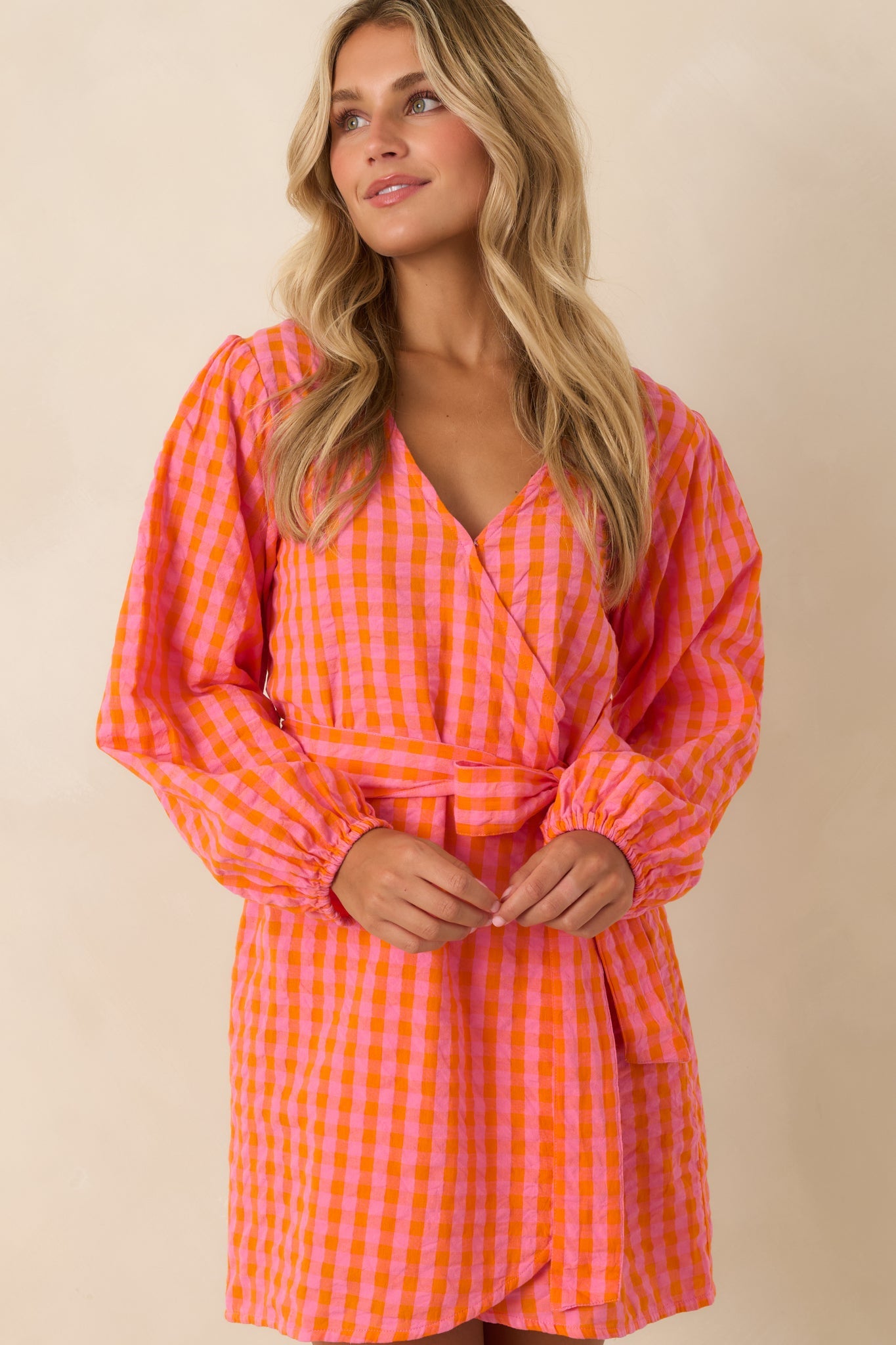 Sunset Check-In Pink & Orange Plaid Cotton Wrap Mini Dress