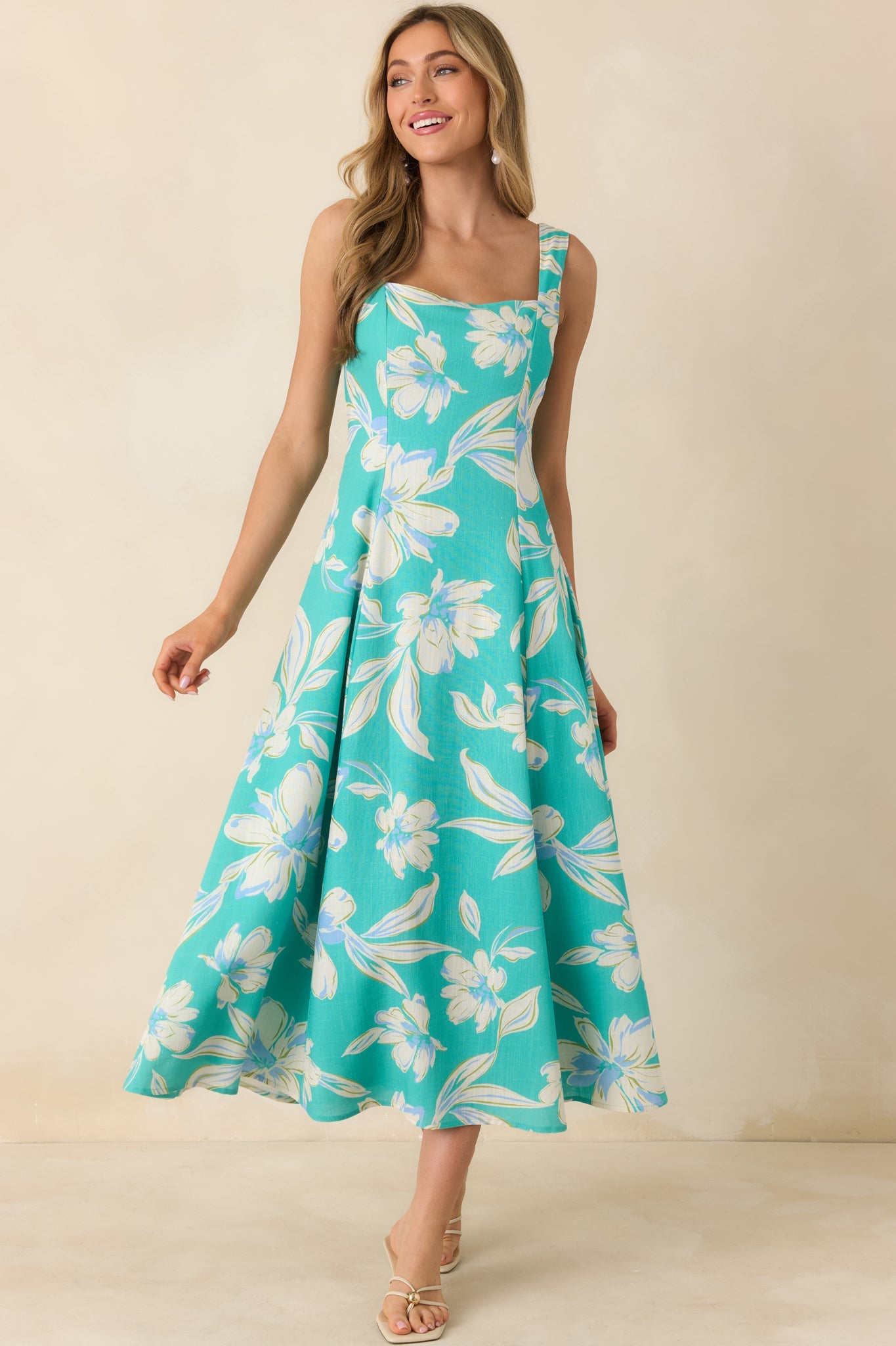 Laguna Bloom Turquoise Multi Floral Sleeveless Midi Dress