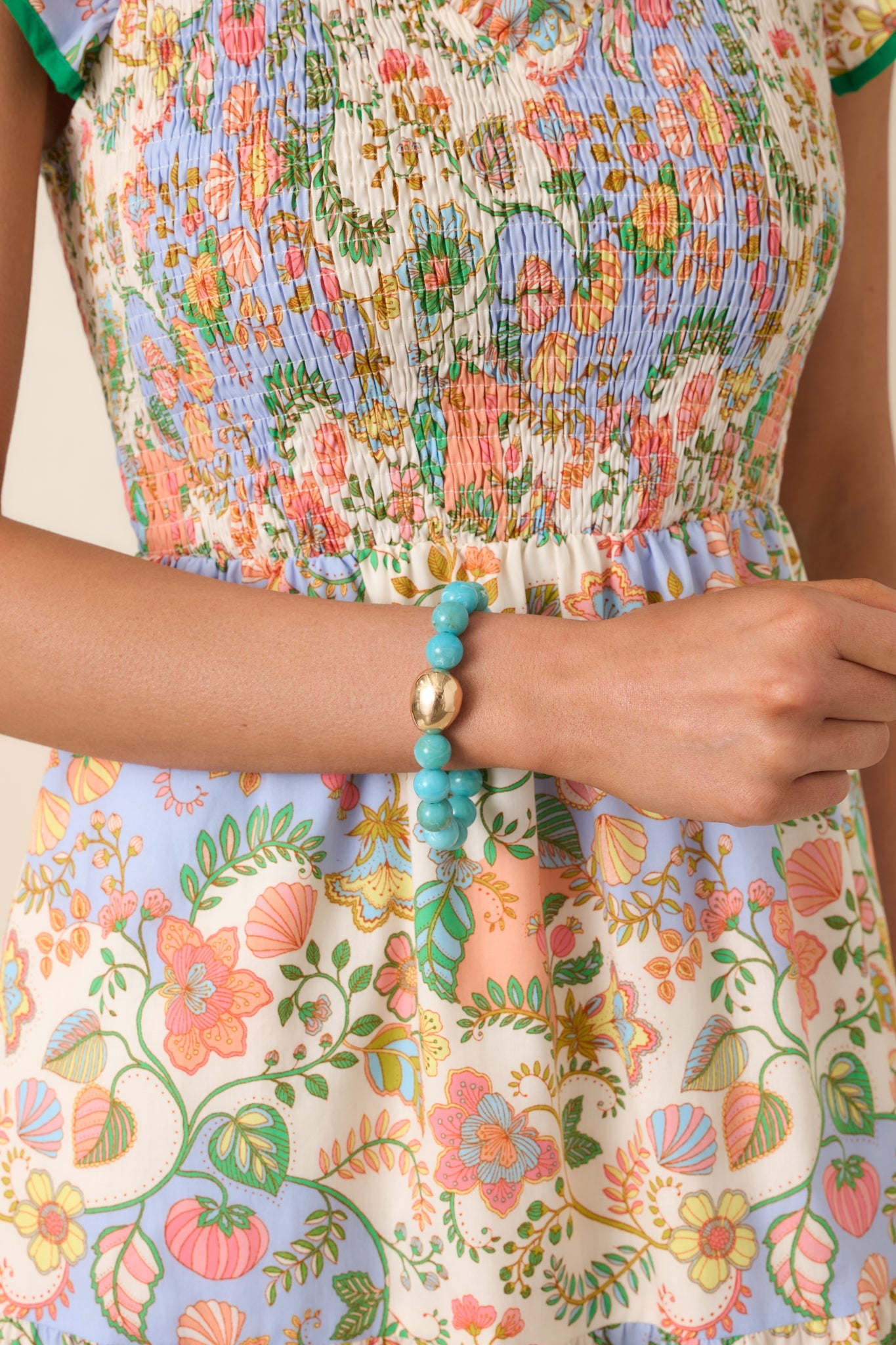 Always a Soft Spot Turquoise Beaded Gold Accent Stretch Bracelet
