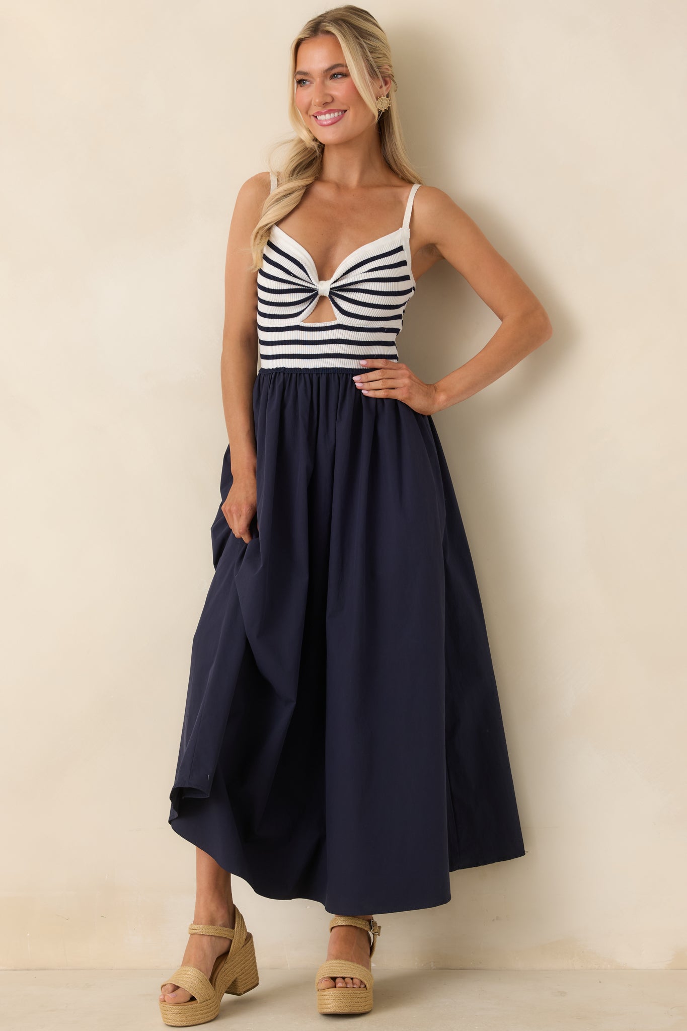 Exactly Like This Navy Stripe Ribbed Knit Cutout Cotton Maxi Dress