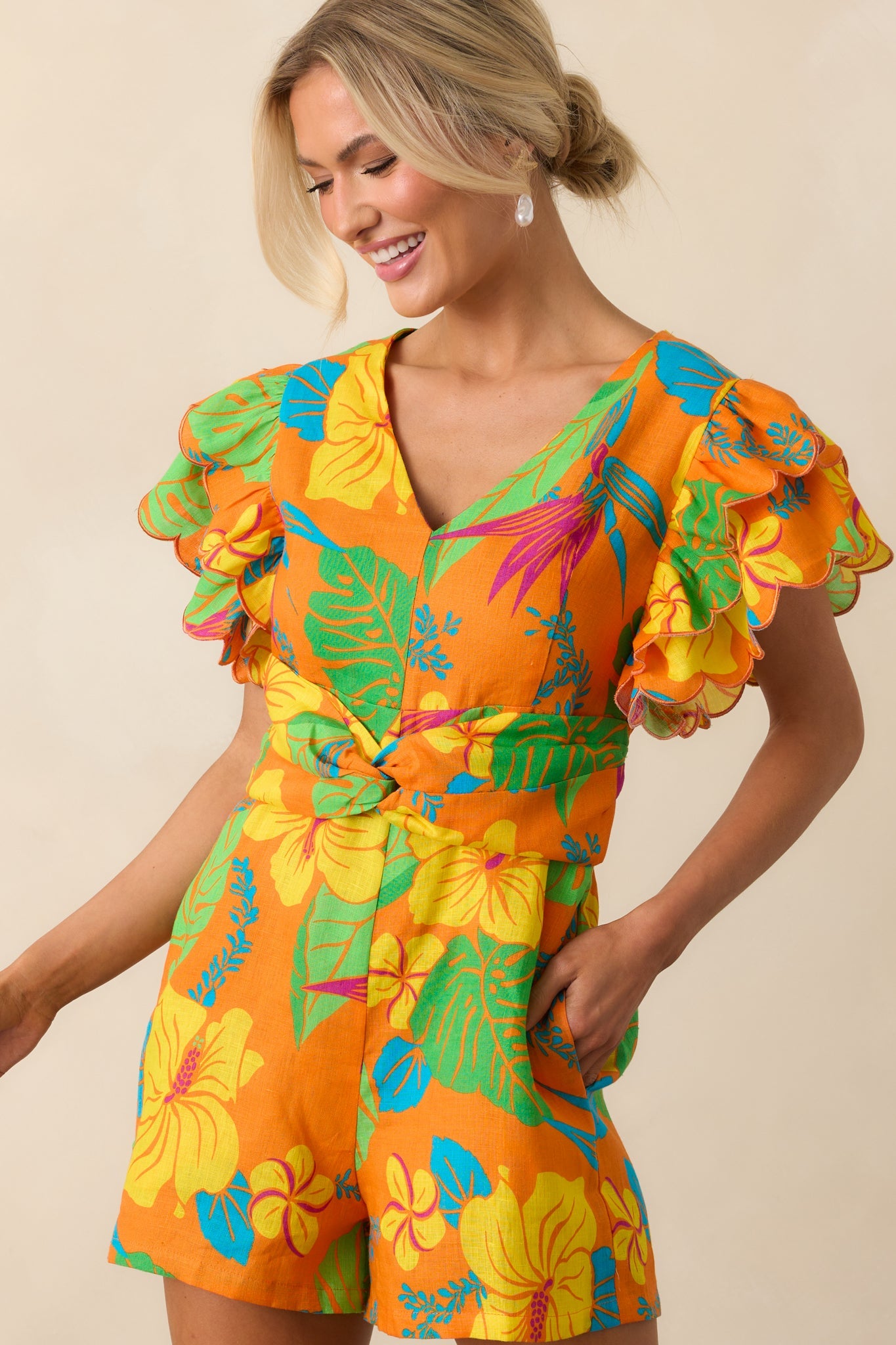 Palm Tree Shadows Orange Tropical Print Linen Romper