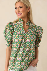 Crossed My Mind Green Geometric Floral Print Cotton Top