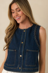 Ties That Bind Dark Wash Cotton Denim Braided Trim Vest