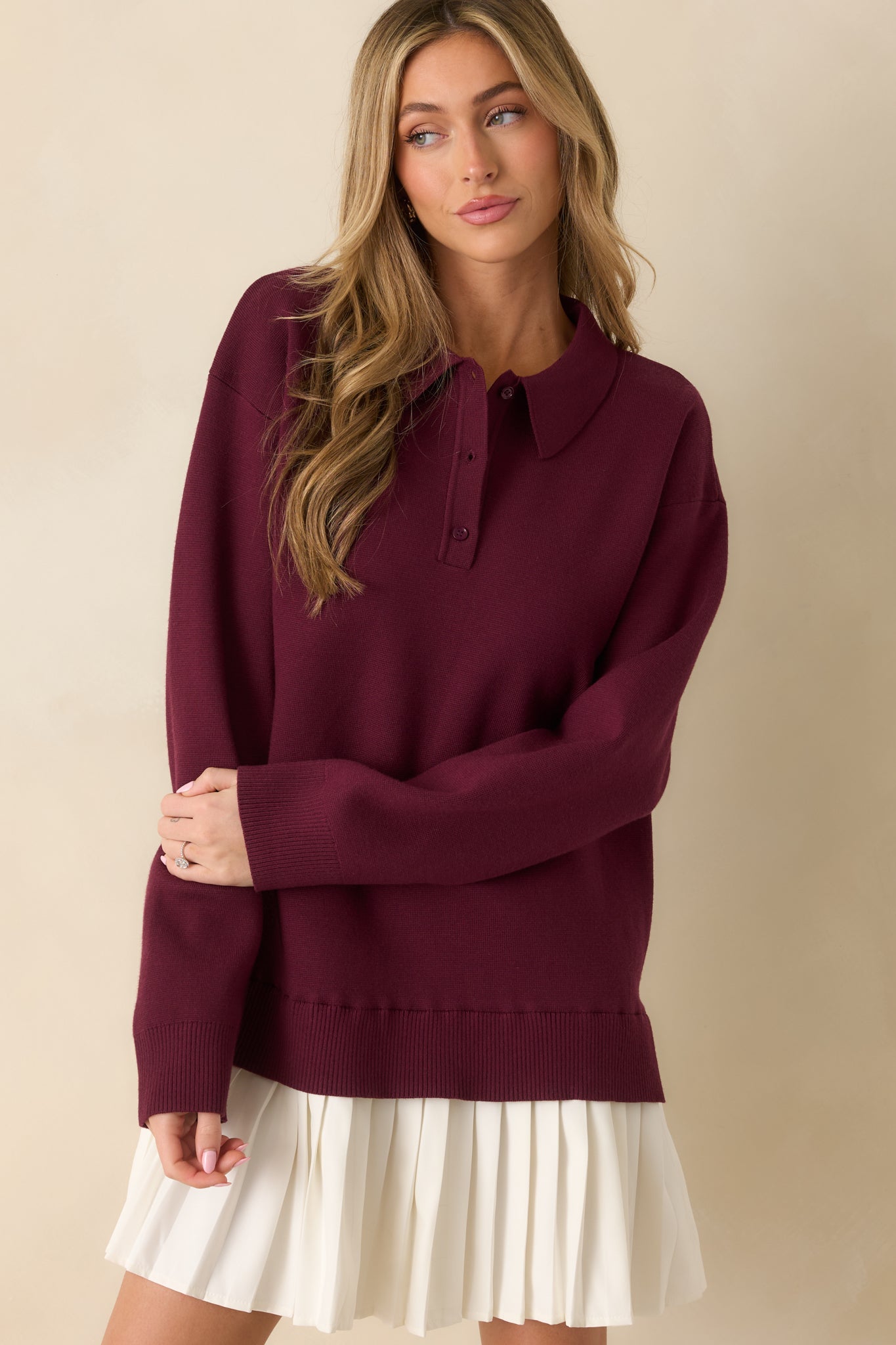 Close To Heart Burgundy Knit Collared Sweater Mini Dress