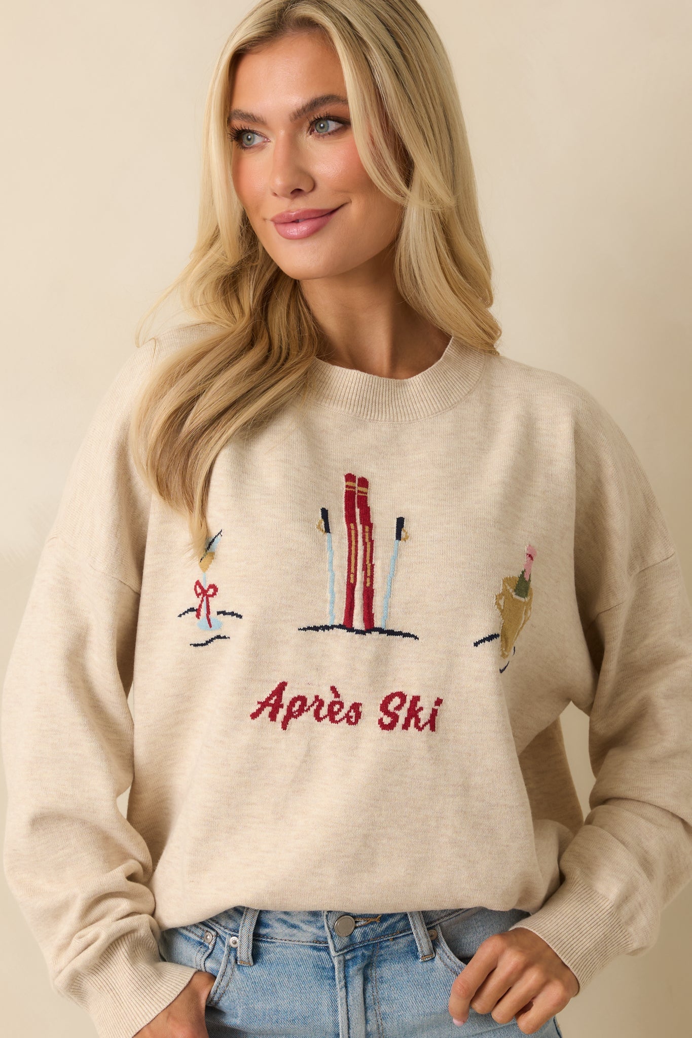 Sips After Slopes Heathered Oatmeal Après Ski Crewneck Sweater
