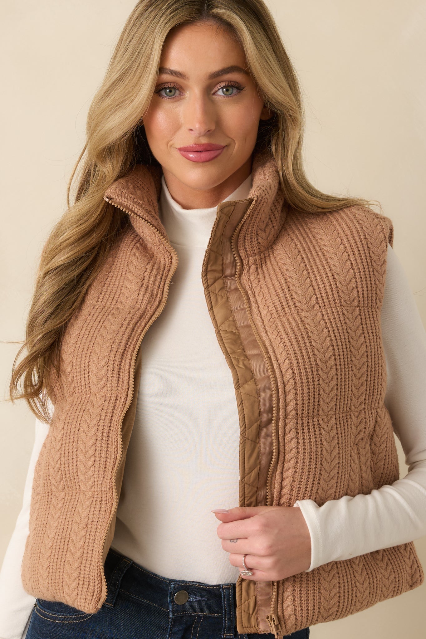 Thread & Supply Stormi Camel Brown Cable Knit Puffer Vest