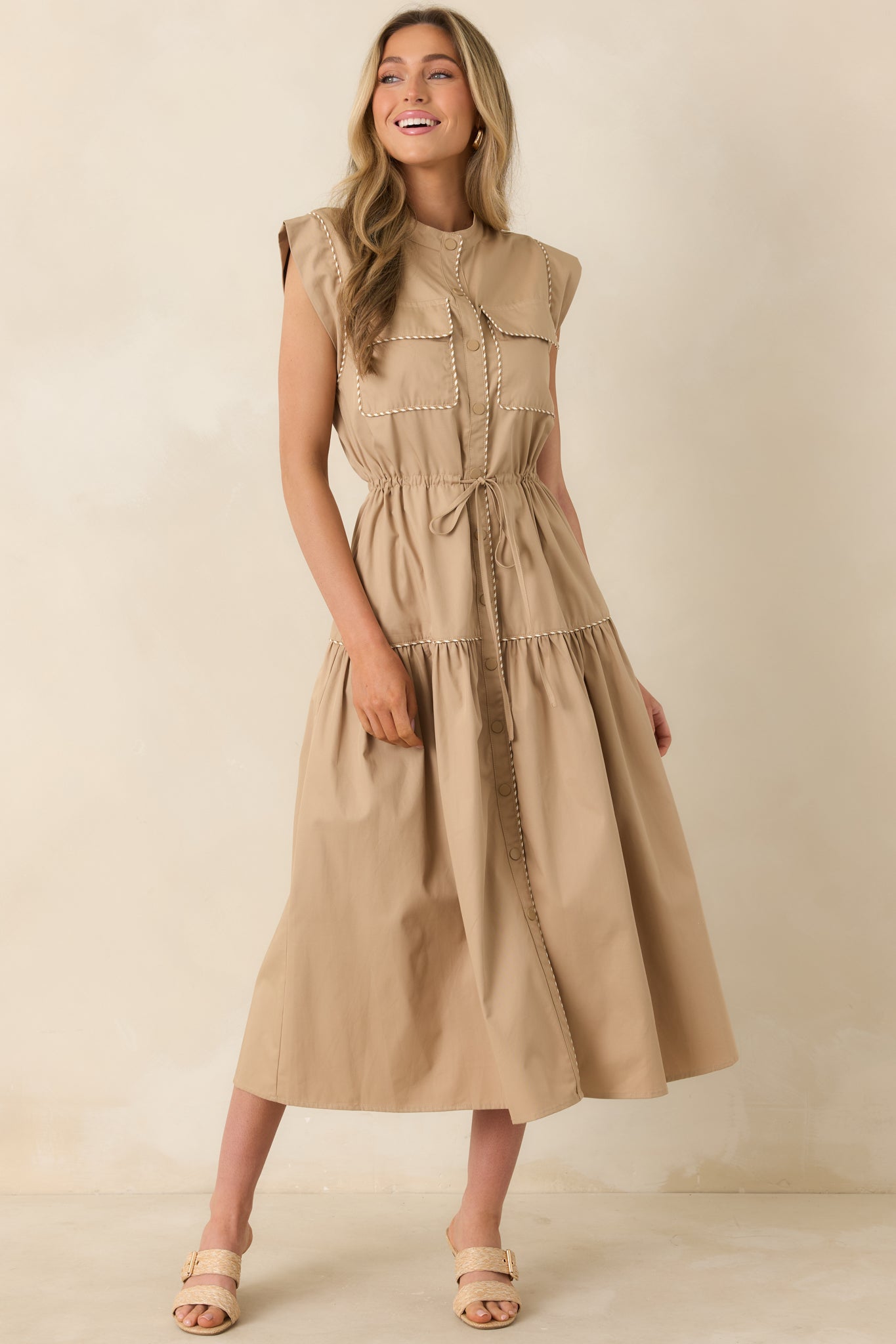 Ready For Anything Tan Button Front Utility Midi Dress