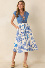 Aylaya Aubrey Ivory & Blue Floral Denim Bodice Midi Dress