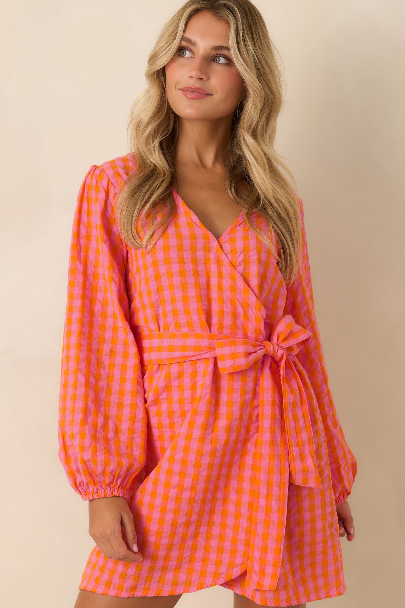 Sunset Check-In Pink & Orange Plaid Cotton Wrap Mini Dress