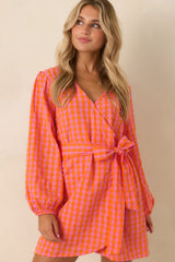 Sunset Check-In Pink & Orange Plaid Cotton Wrap Mini Dress
