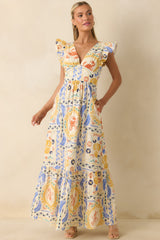 Prosperina Marjorie Multi Coastal Print V-Neck Maxi Dress