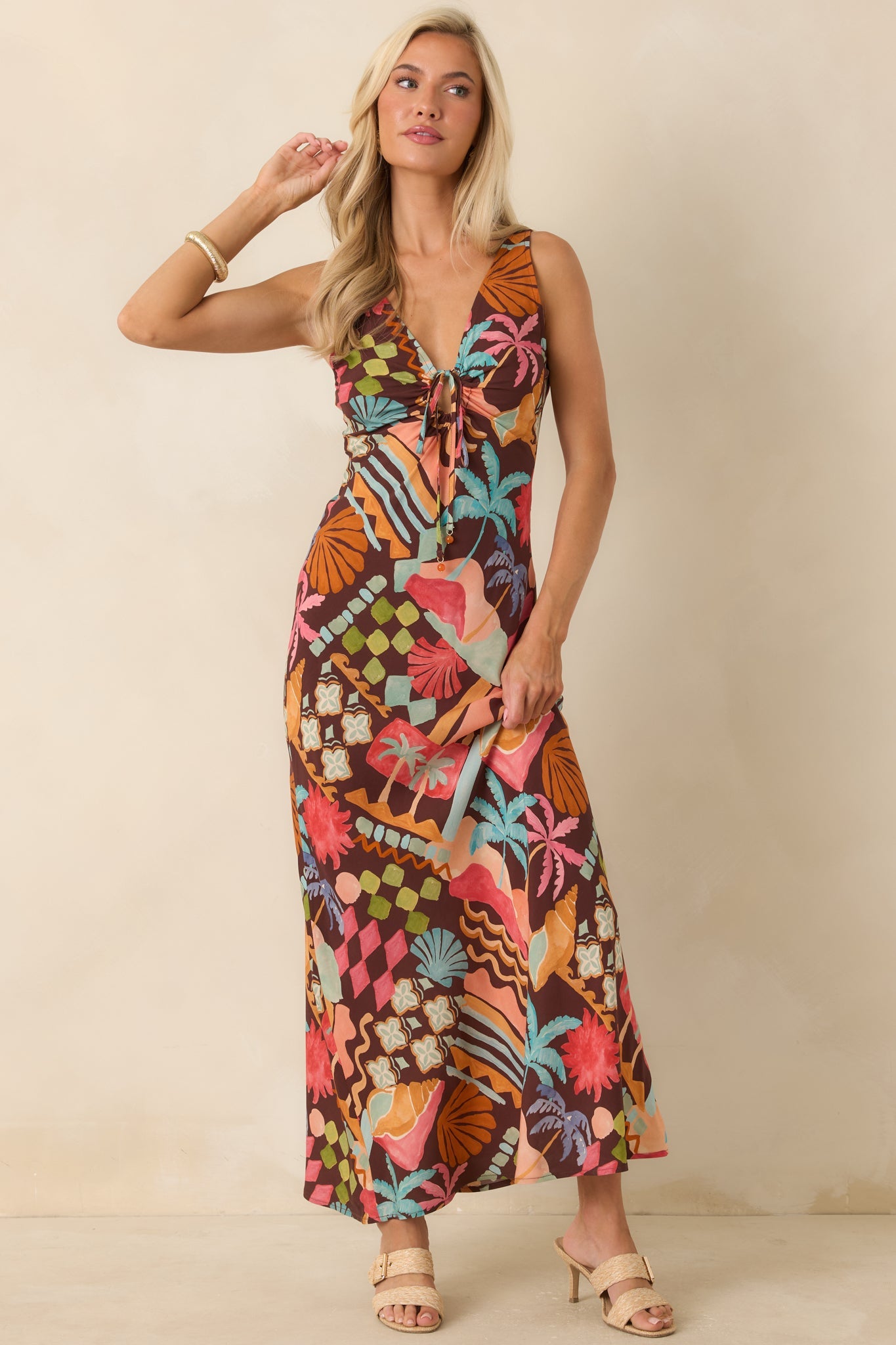 MINKPINK Isola Brown Multi Vintage Coastal Print Keyhole Midi Dress